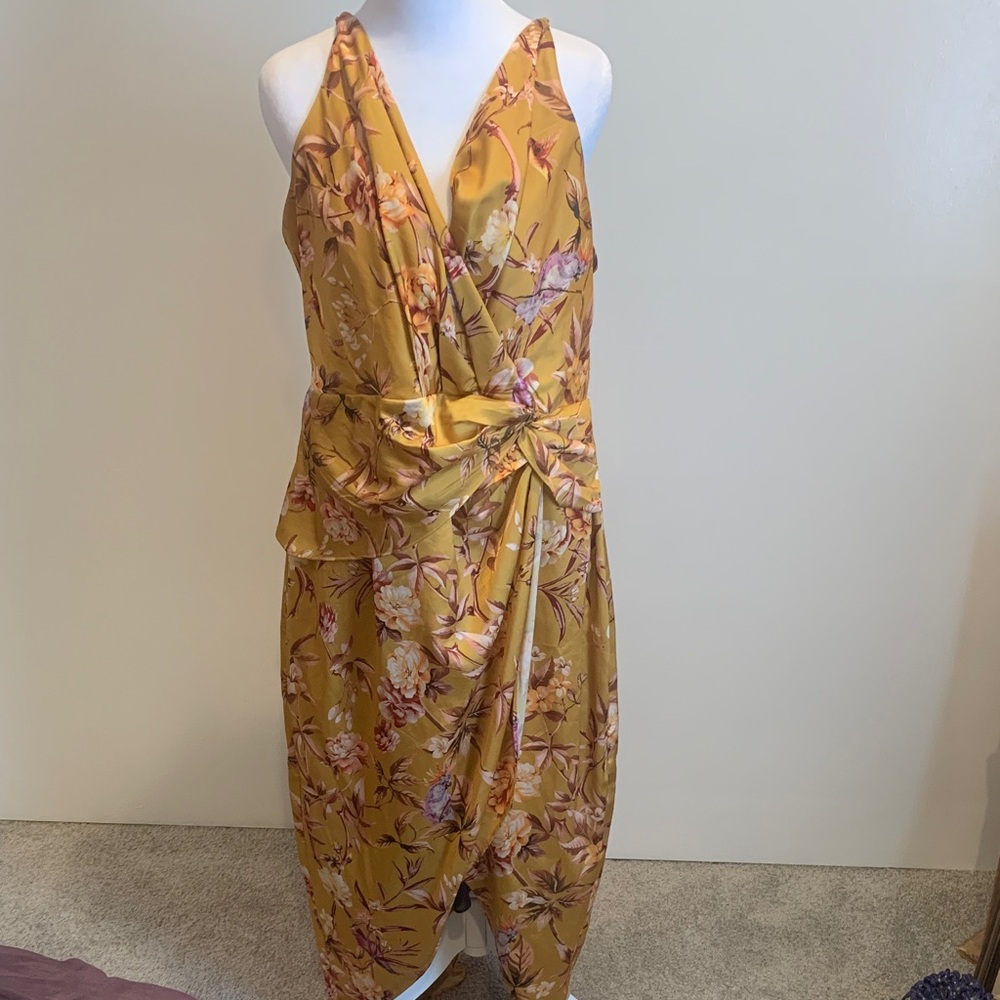 Express Mustard Yellow Floral Wrap Midi Dress